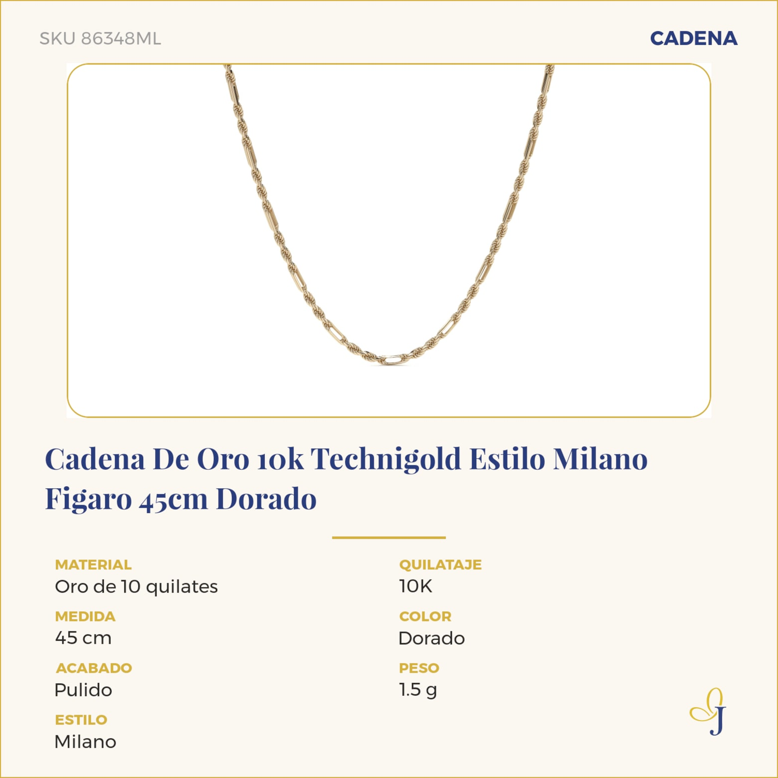 Cadena De Oro 10k Technigold Estilo Milano Figaro 45cm Dorado