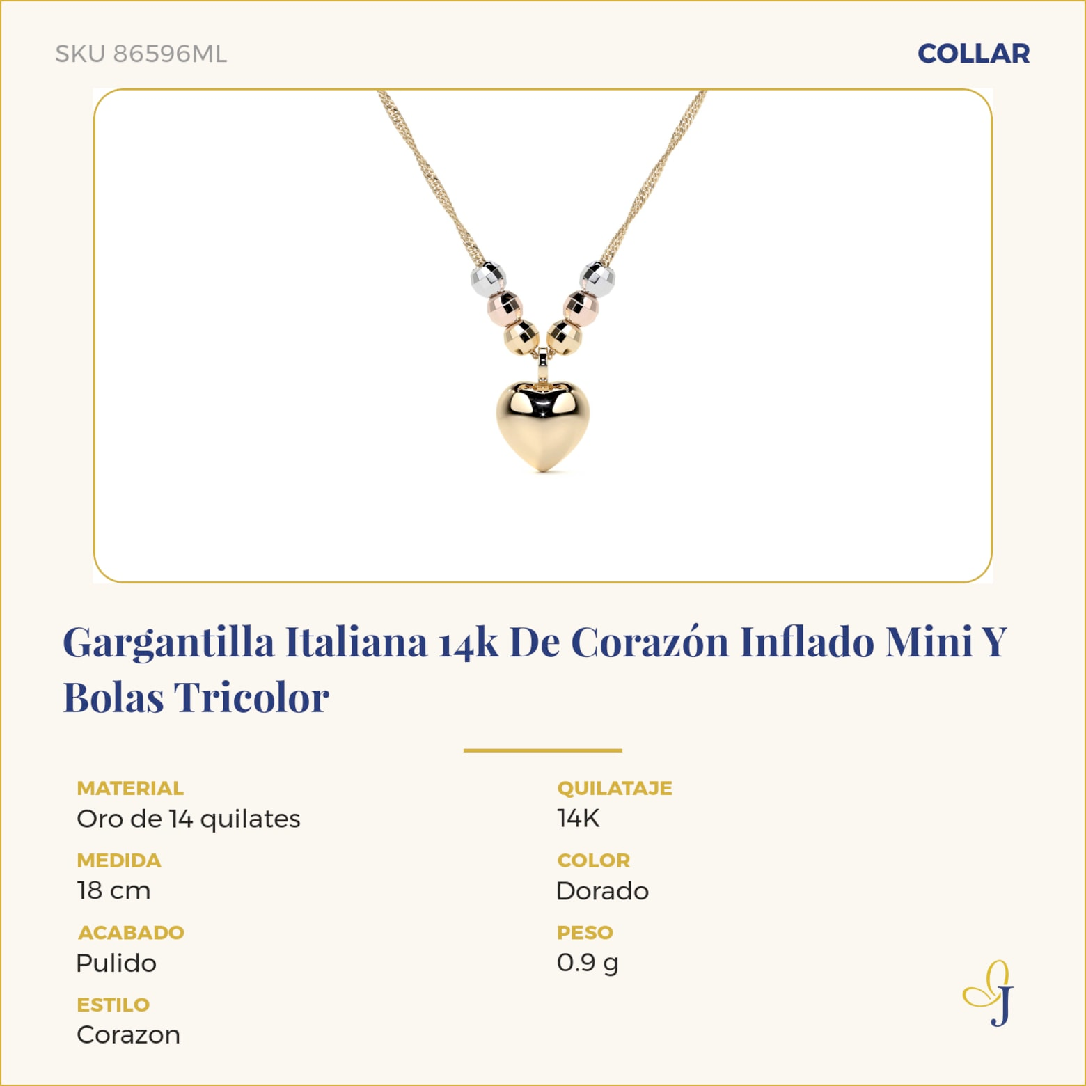 Gargantilla Italiana 14k De Corazón Inflado Mini Y Bolas Tricolor