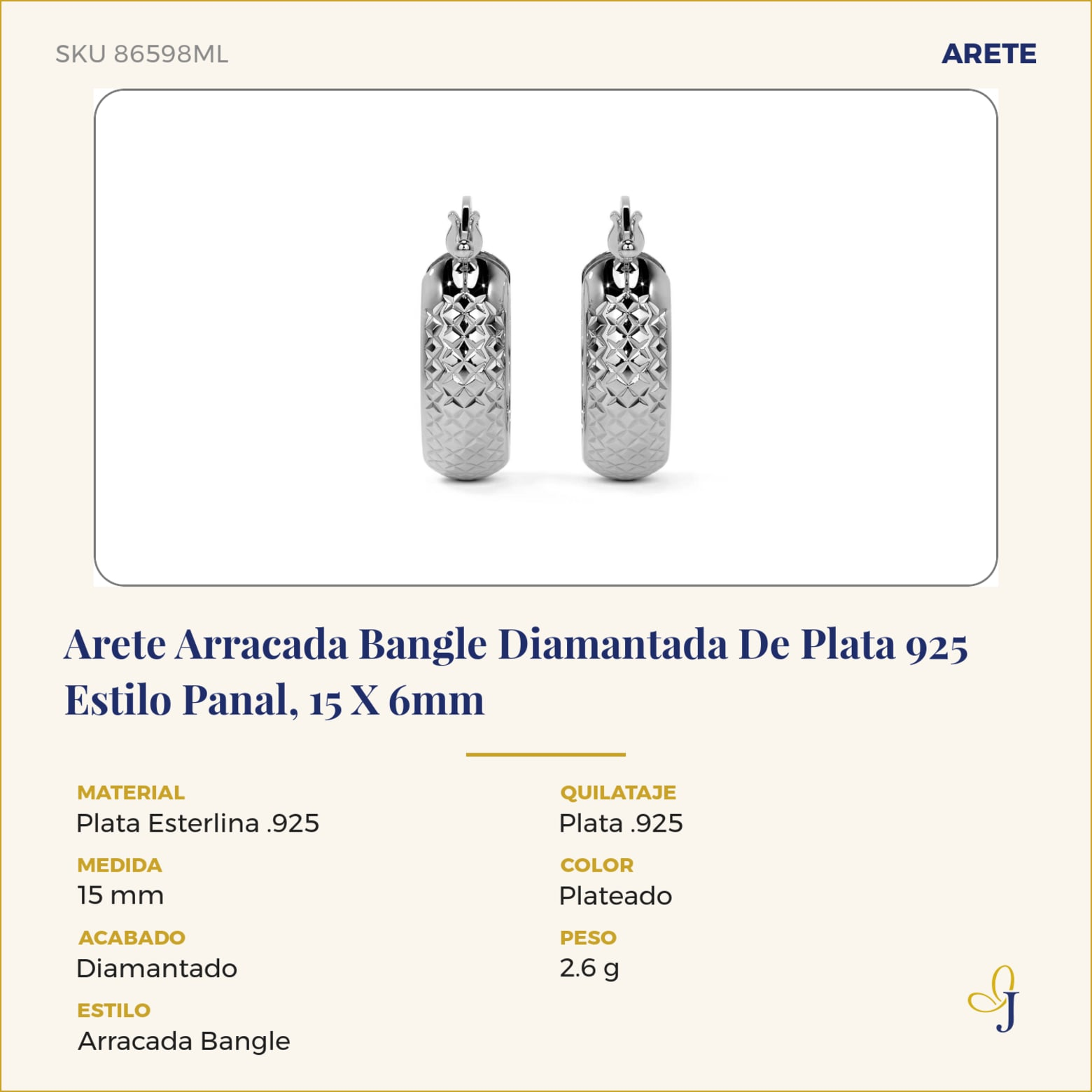 Arete Arracada Bangle Diamantada De Plata 925 Estilo Panal, 15 X 6mm