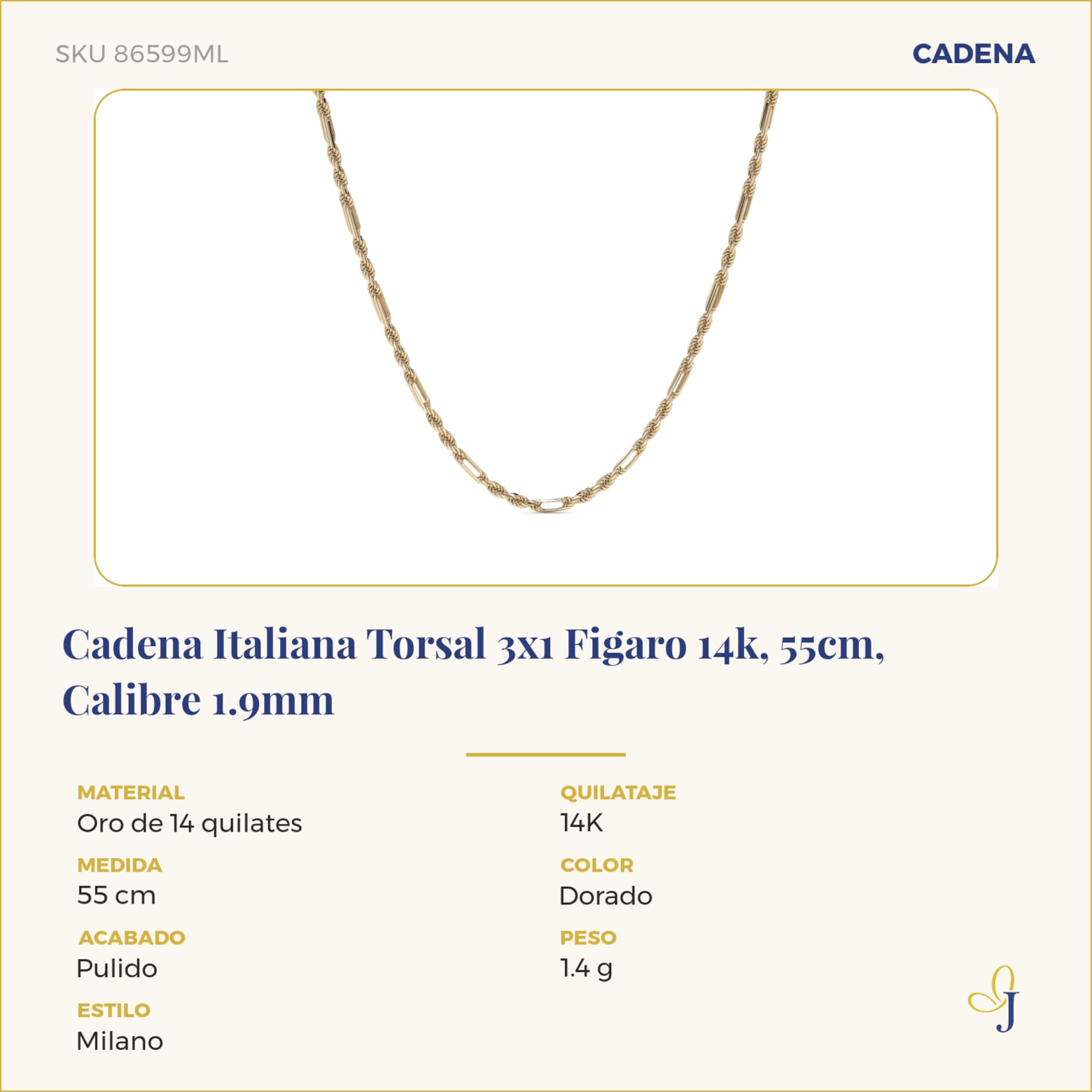 Cadena Italiana Torsal 3x1 Figaro 14k, 55cm, Calibre 1.9mm