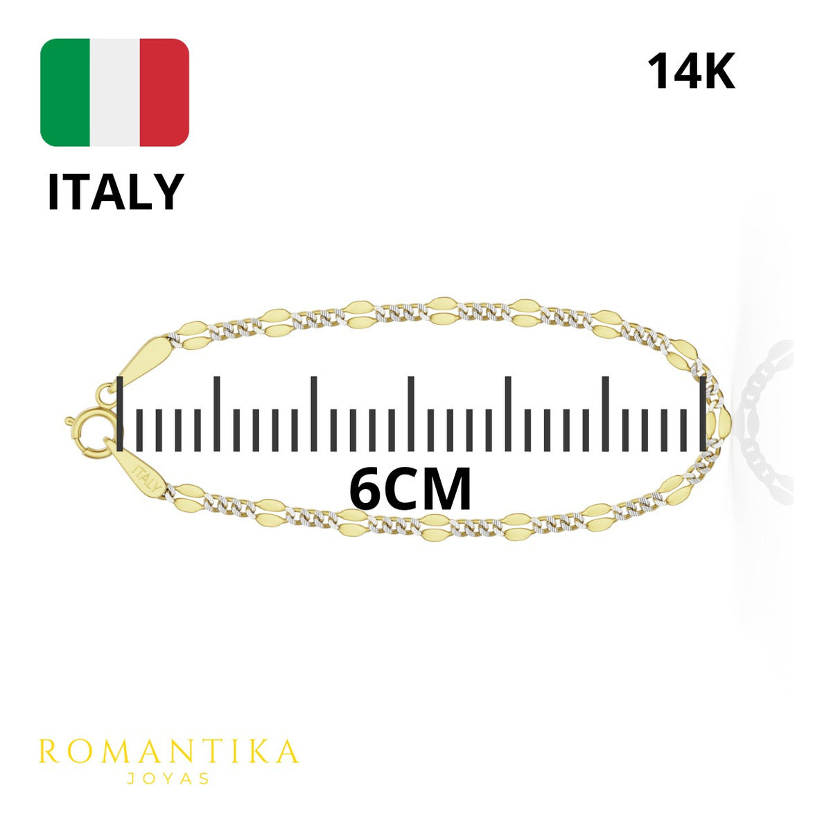 Romantika Joyas Pulsera Oro 14k Figaro Remache Cubana Diamantada 3mm 18cm Color Amarillo Largo 18 Cm