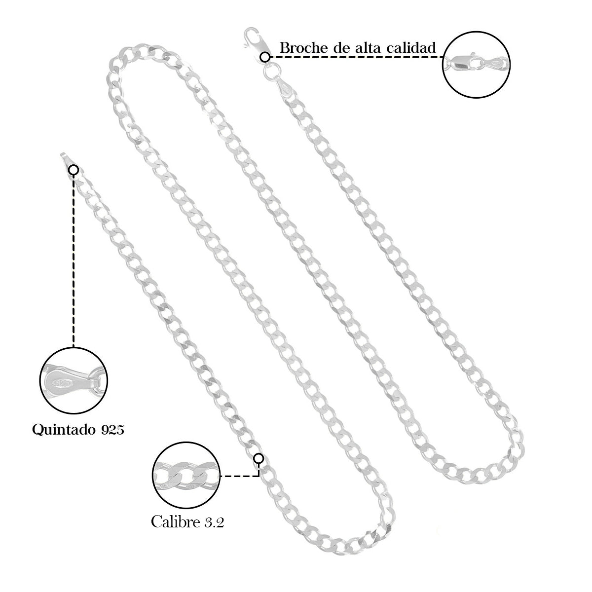 Cadena De Plata 925 Estilo Barbada De Calibre 3.2mm en 5 colores