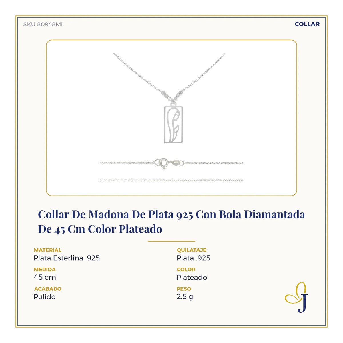 Collar De Madona De Plata 925 Con Bola Diamantada De 45 Cm Color Plateado