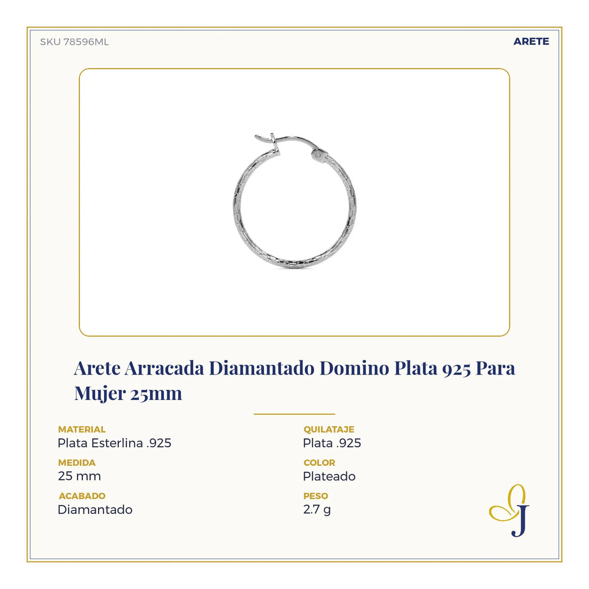 Arete Arracada Diamantado Domino Plata 925 Para Mujer 25mm