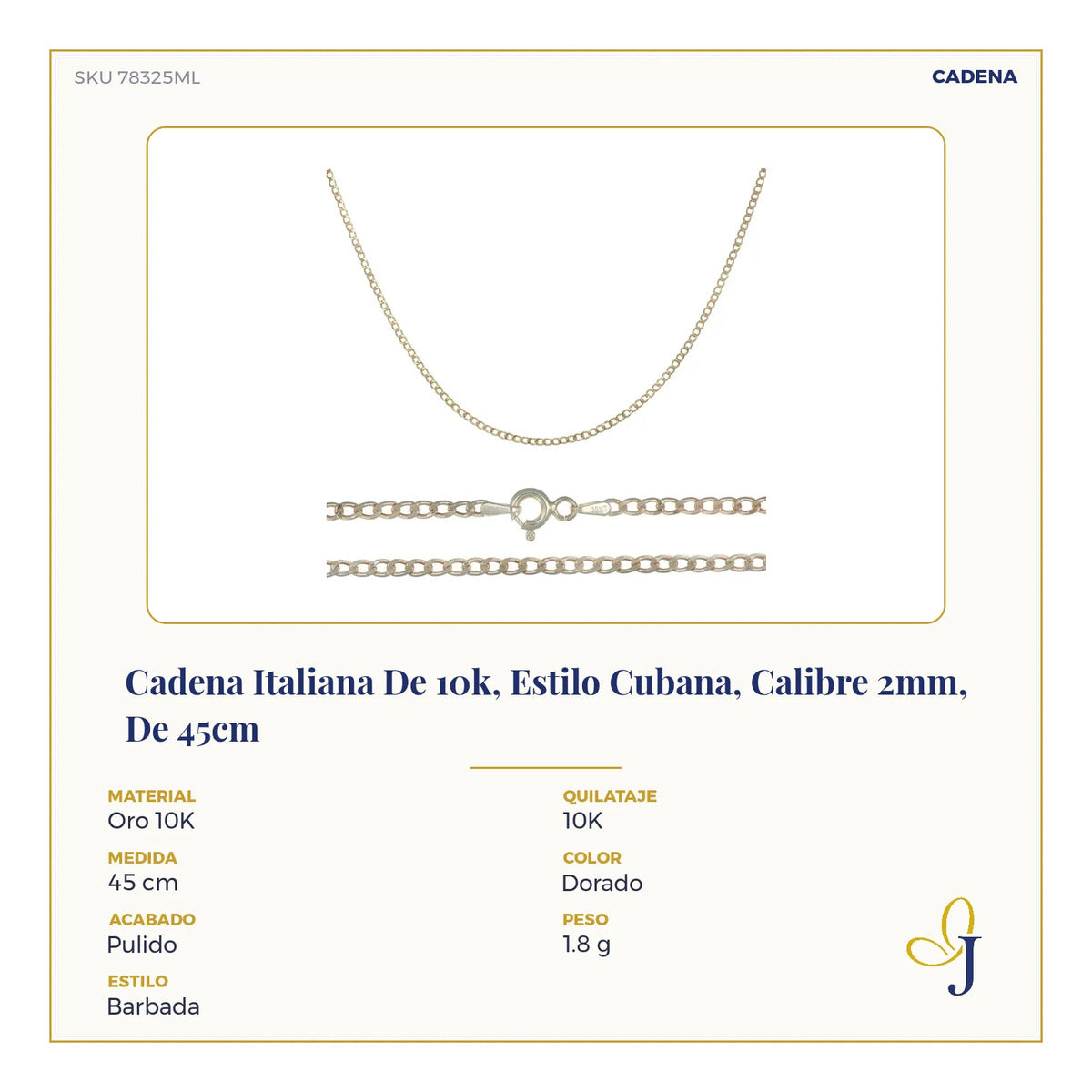 Cadena Italiana 10k Estilo Barbada 45cm Oro Dorado Calibre 2mm