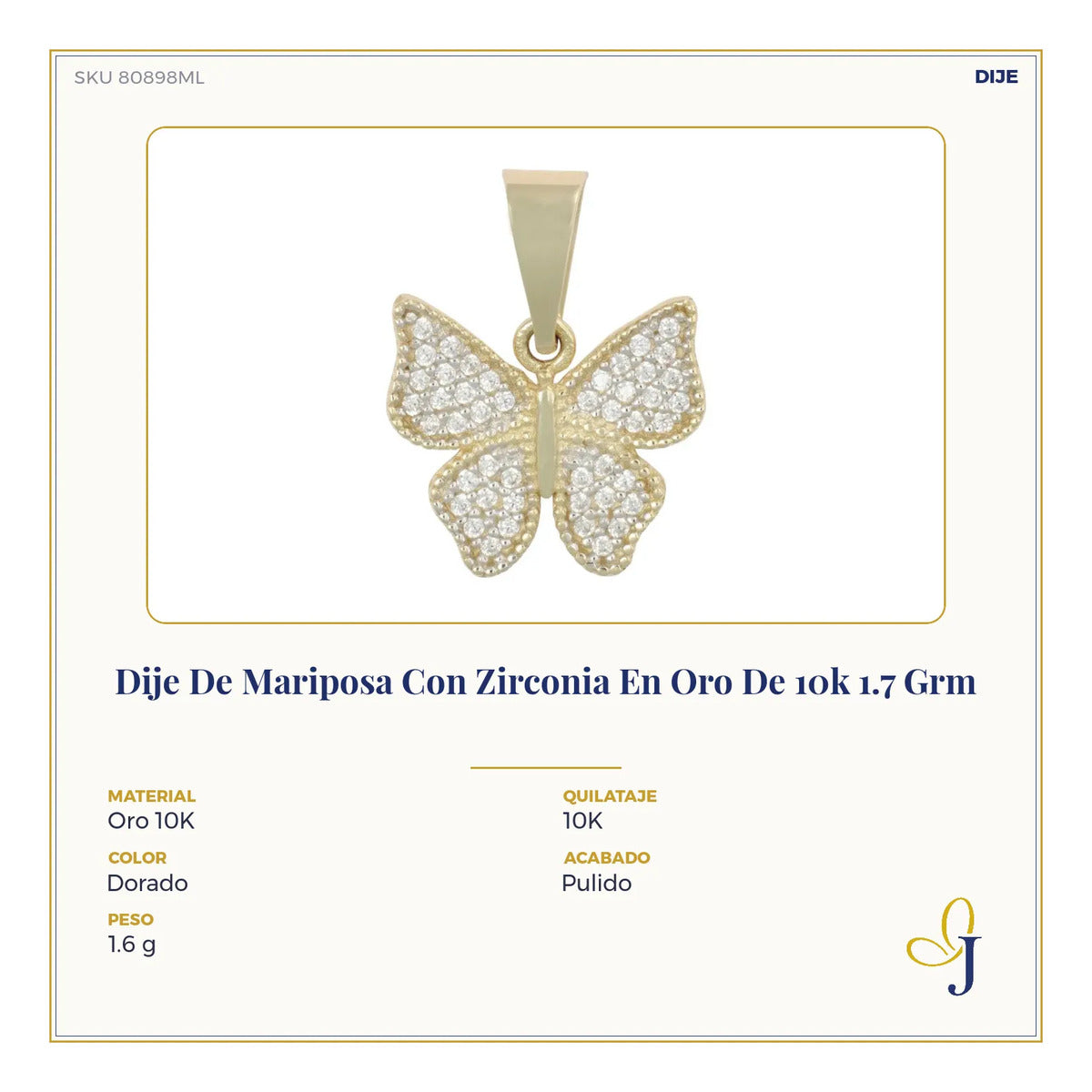 Dije De Mariposa Con Zirconia En Oro De 10k 1.7 Grm