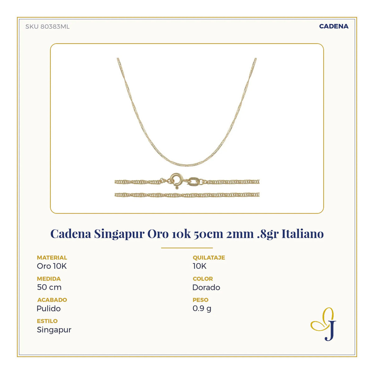 Cadena Singapur Oro 10k 50cm 2mm .8gr Italiano