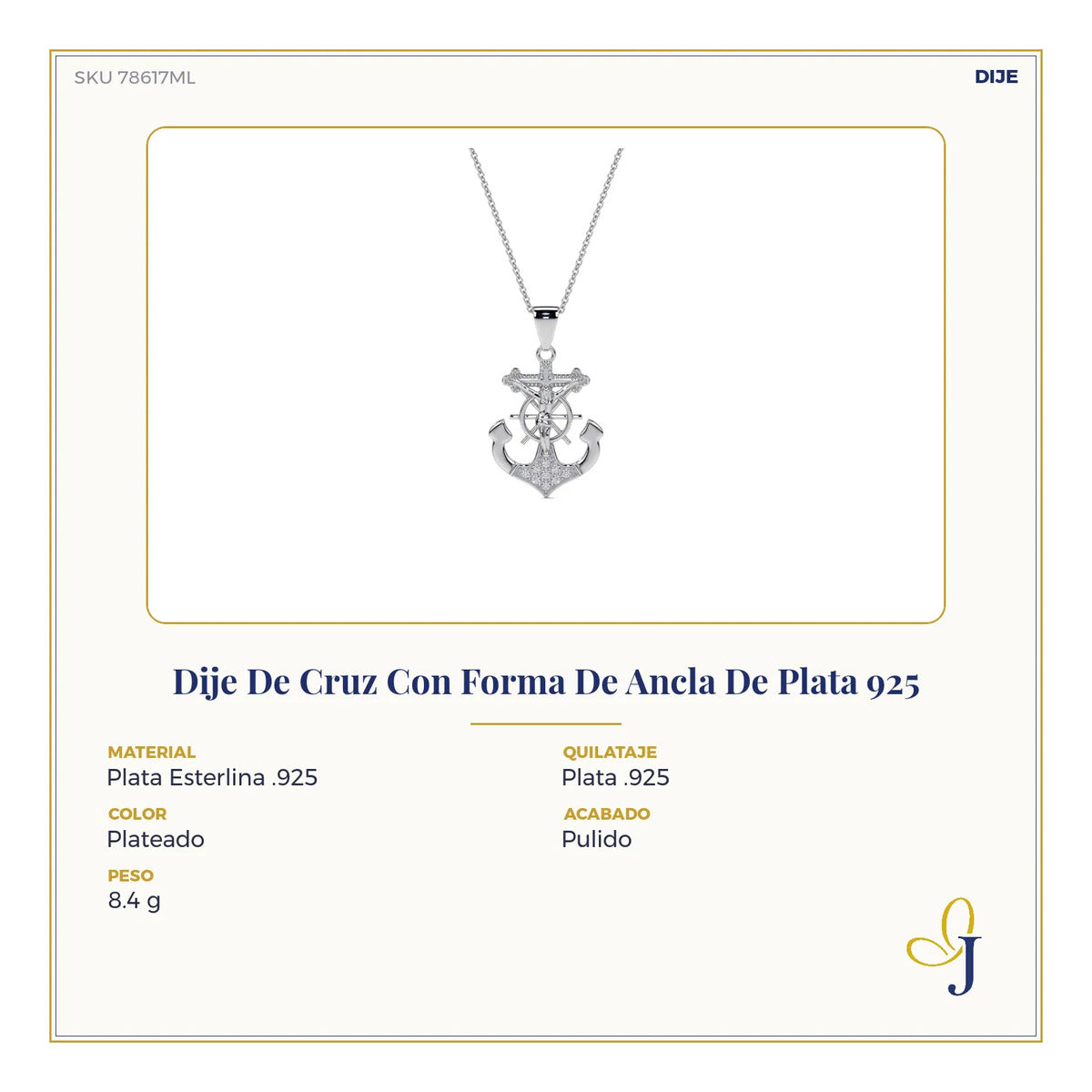 Dije De Cruz Con Forma De Ancla De Plata 925