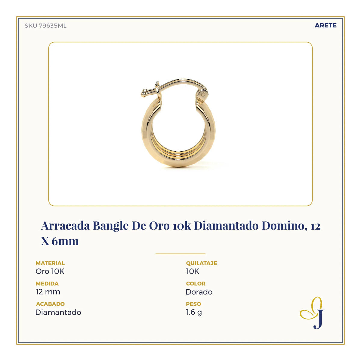 Arracada Bangle De Oro 10k Diamantado Domino, 12 X 6mm