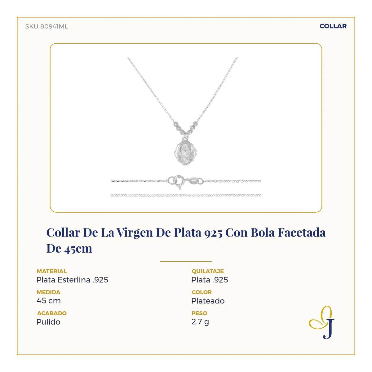 Collar De La Virgen De Plata 925 Con Bola Facetada De 45cm