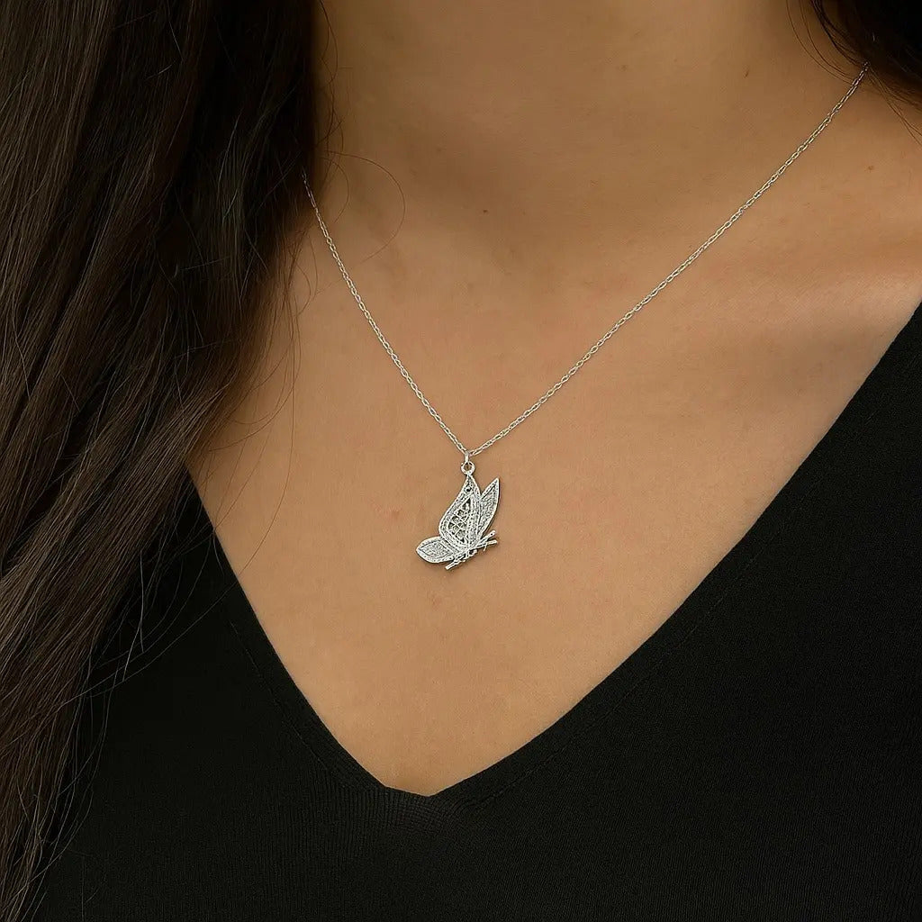 Collar De Mariposa Para Mujer De Plata 925, Medida 45 Cm Plateado