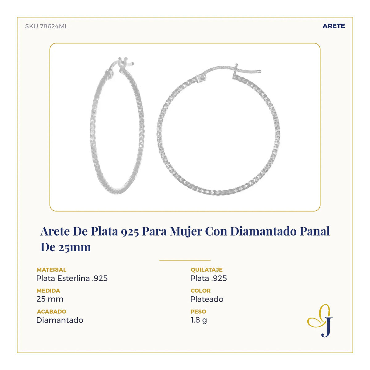 Arete De Plata 925 Para Mujer Con Diamantado Panal De 25mm
