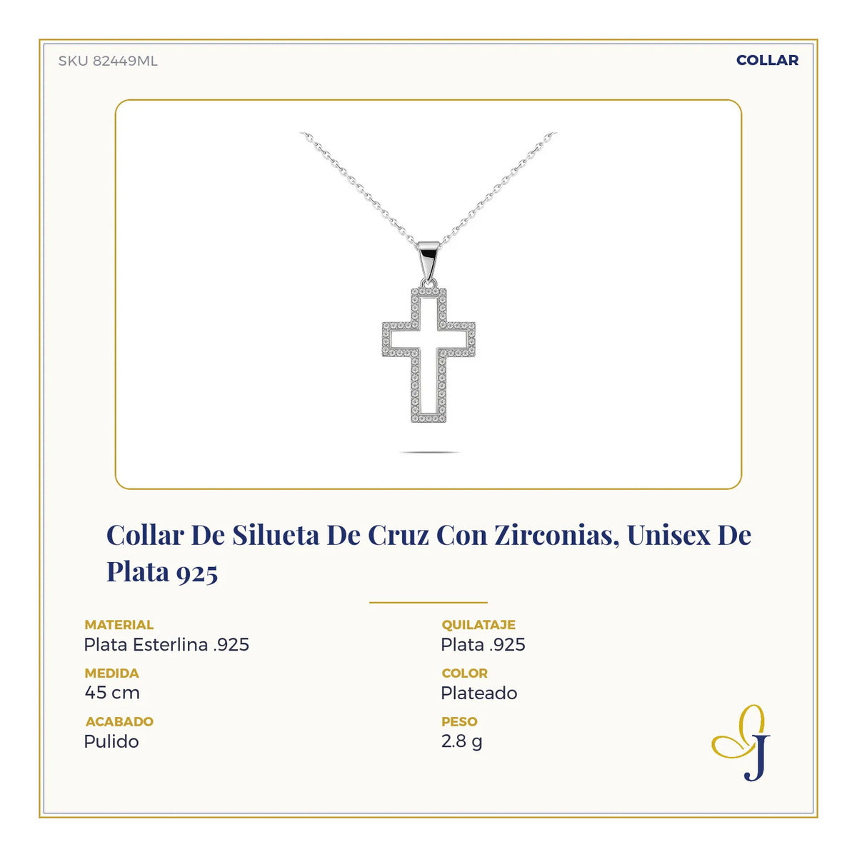 Collar De Silueta De Cruz Con Zirconias, Unisex De Plata 925 Plateado