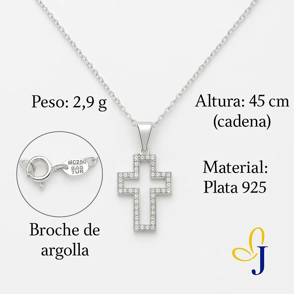Collar De Silueta De Cruz Con Zirconias, Unisex De Plata 925 Plateado
