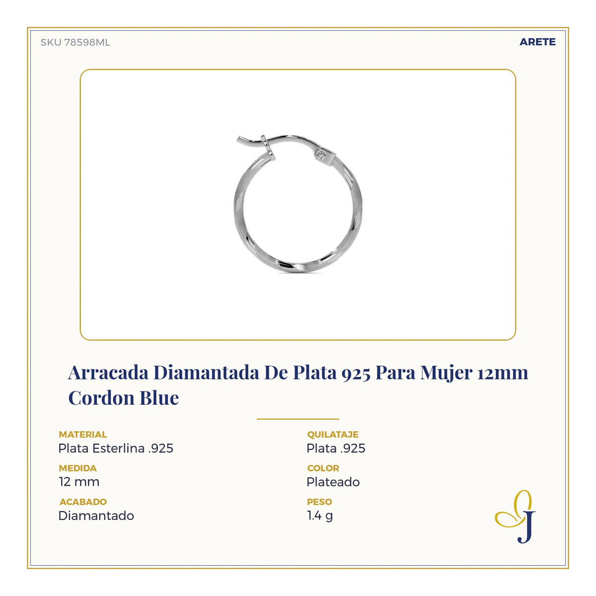 Arracada Diamantada De Plata 925 Para Mujer 12mm Cordon Blue