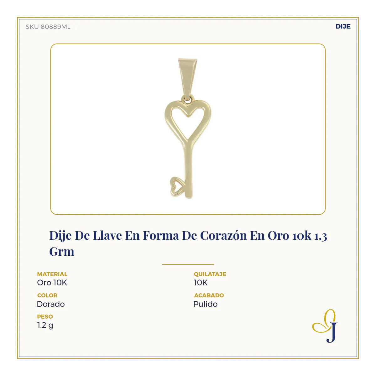 Dije De Llave En Forma De Corazón En Oro 10k 1.3 Grm