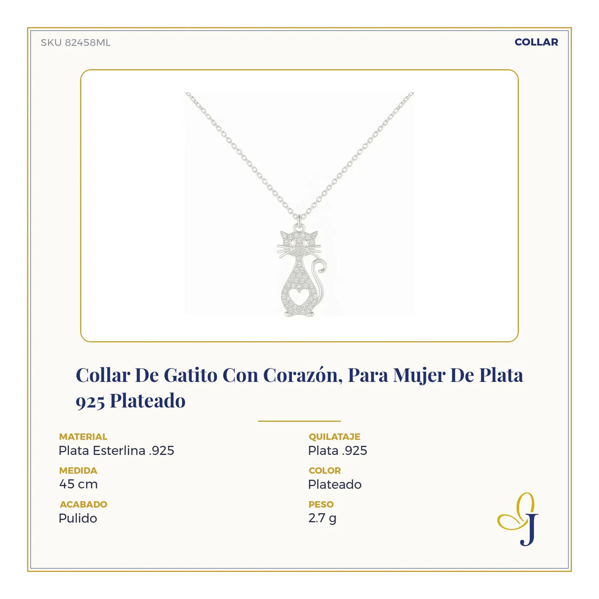 Collar De Gatito Con Corazón, Para Mujer De Plata 925 Plateado
