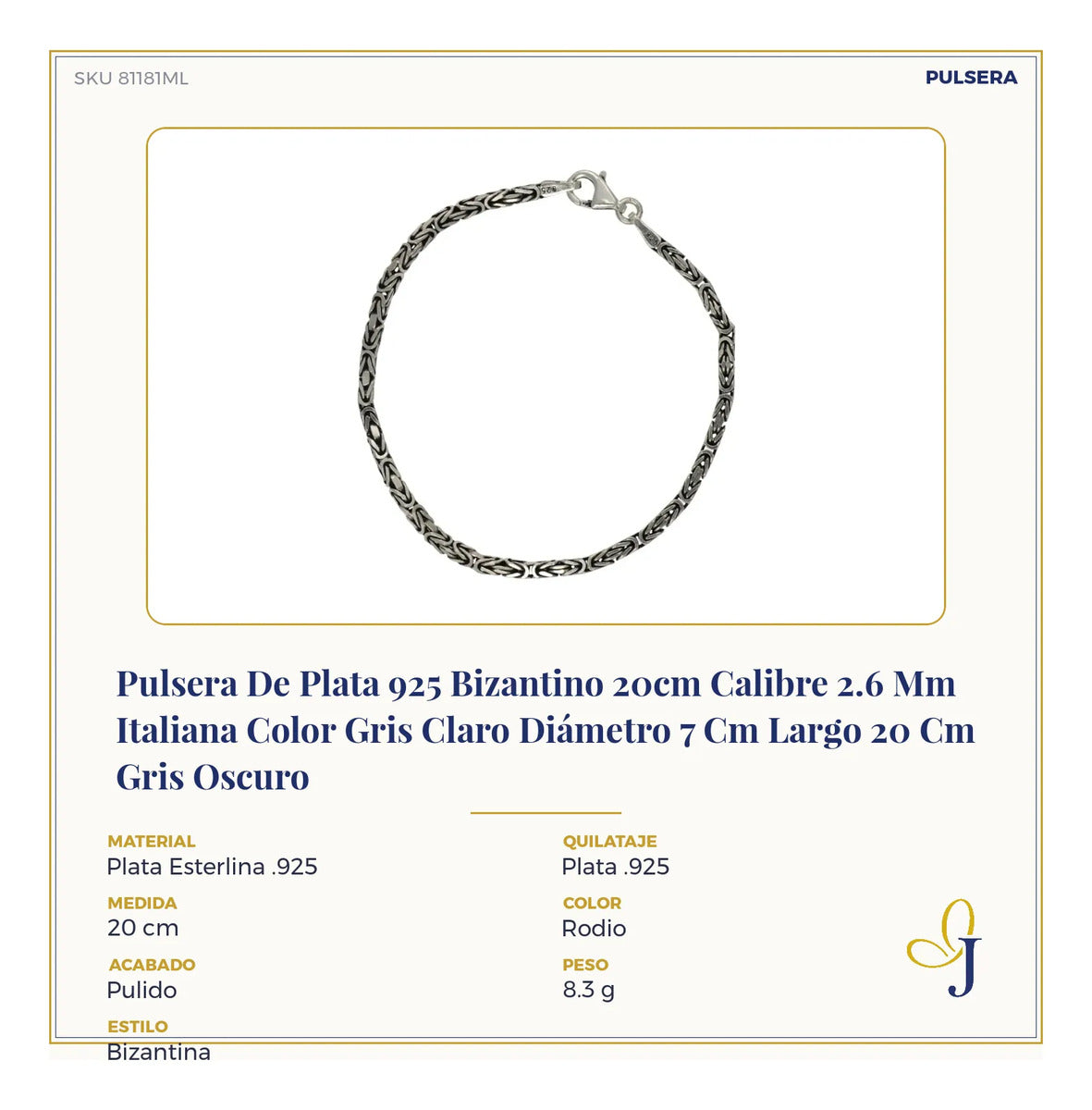 Pulsera De Plata 925 Bizantino 20cm Calibre 2.6 Mm Italiana