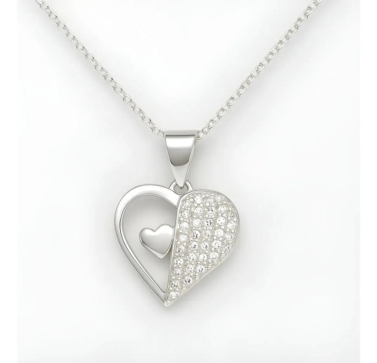 Collar Dual De Corazones Con Zirconia Para Mujer  Plata 925