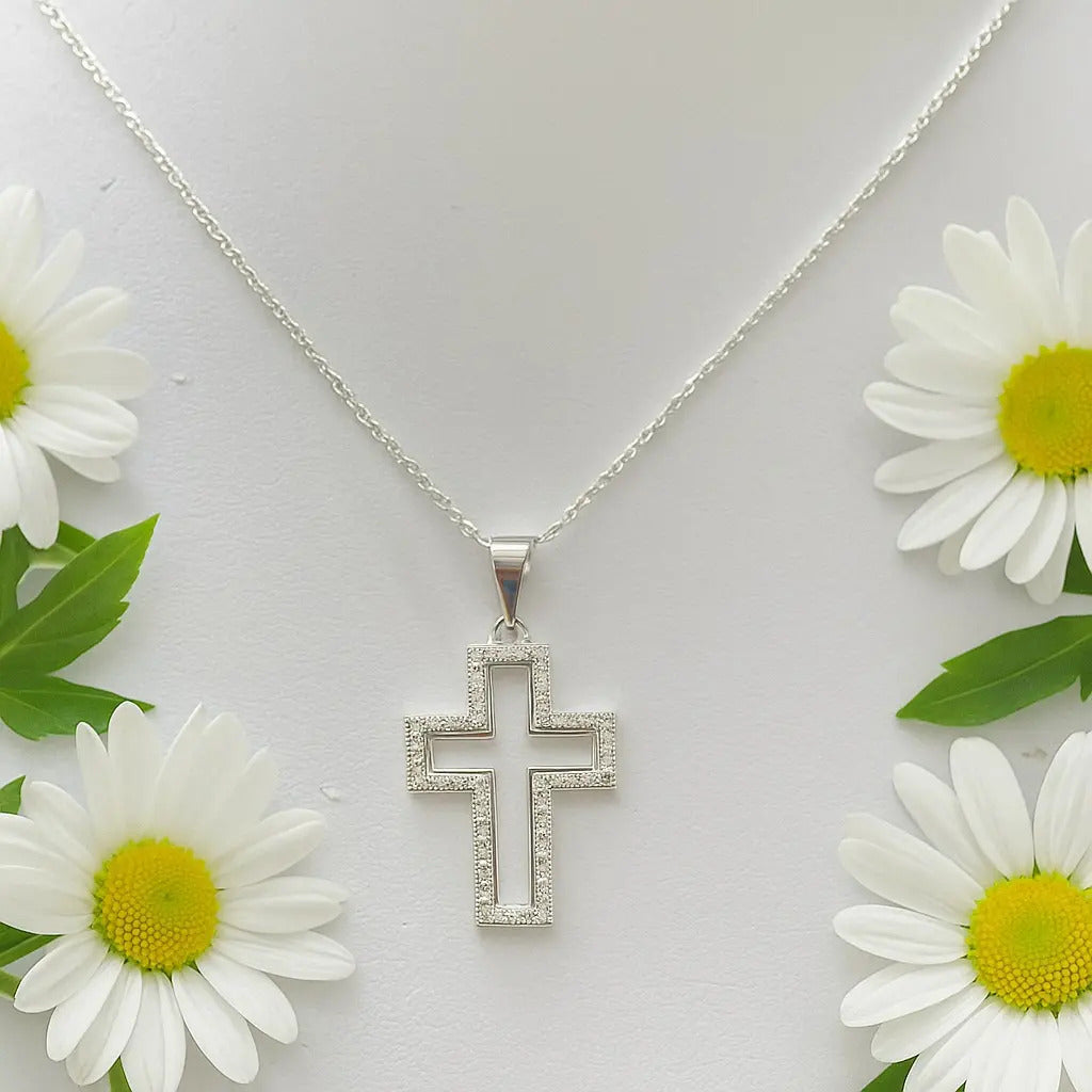 Collar De Silueta De Cruz Con Zirconias, Unisex De Plata 925 Plateado