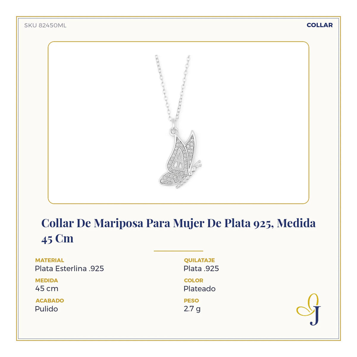Collar De Mariposa Para Mujer De Plata 925, Medida 45 Cm Plateado