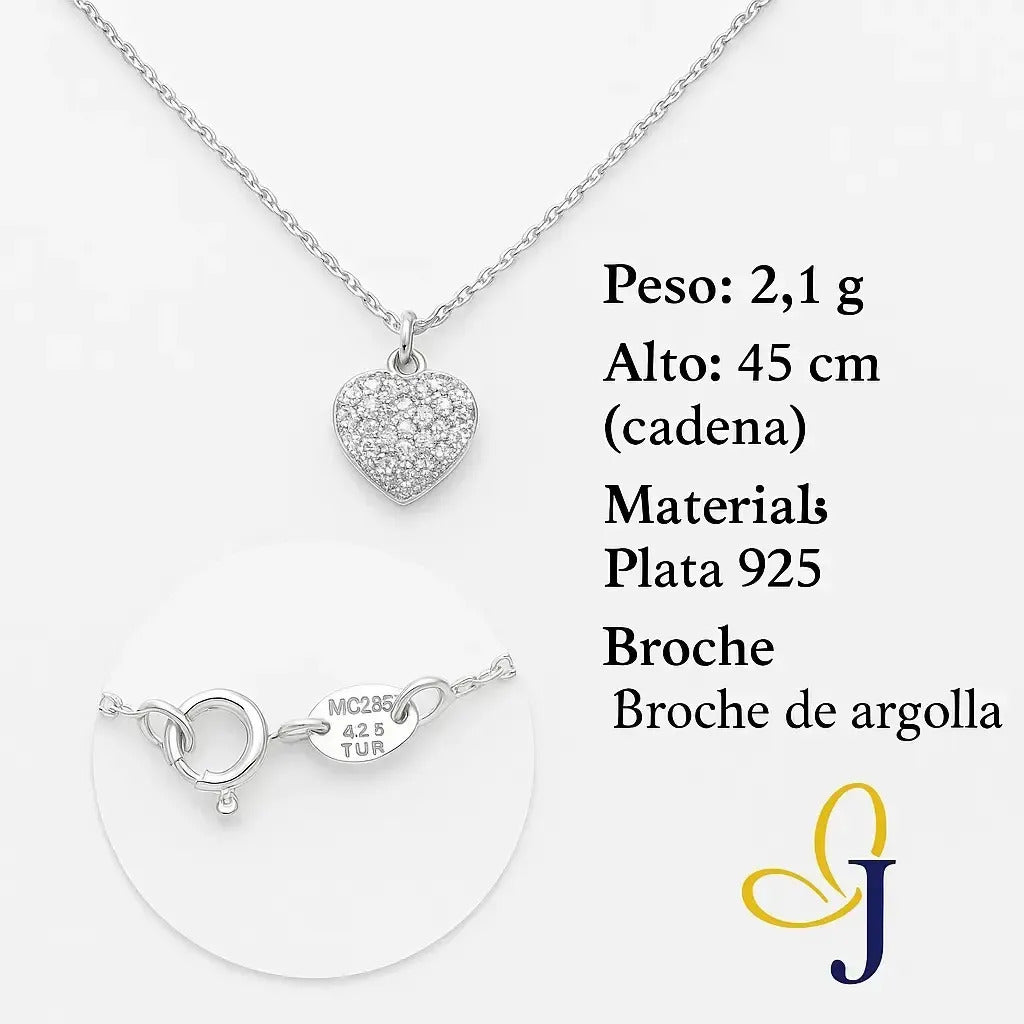 Collar De Corazón Chico Con Zirconias Para Mujer  Plata 925