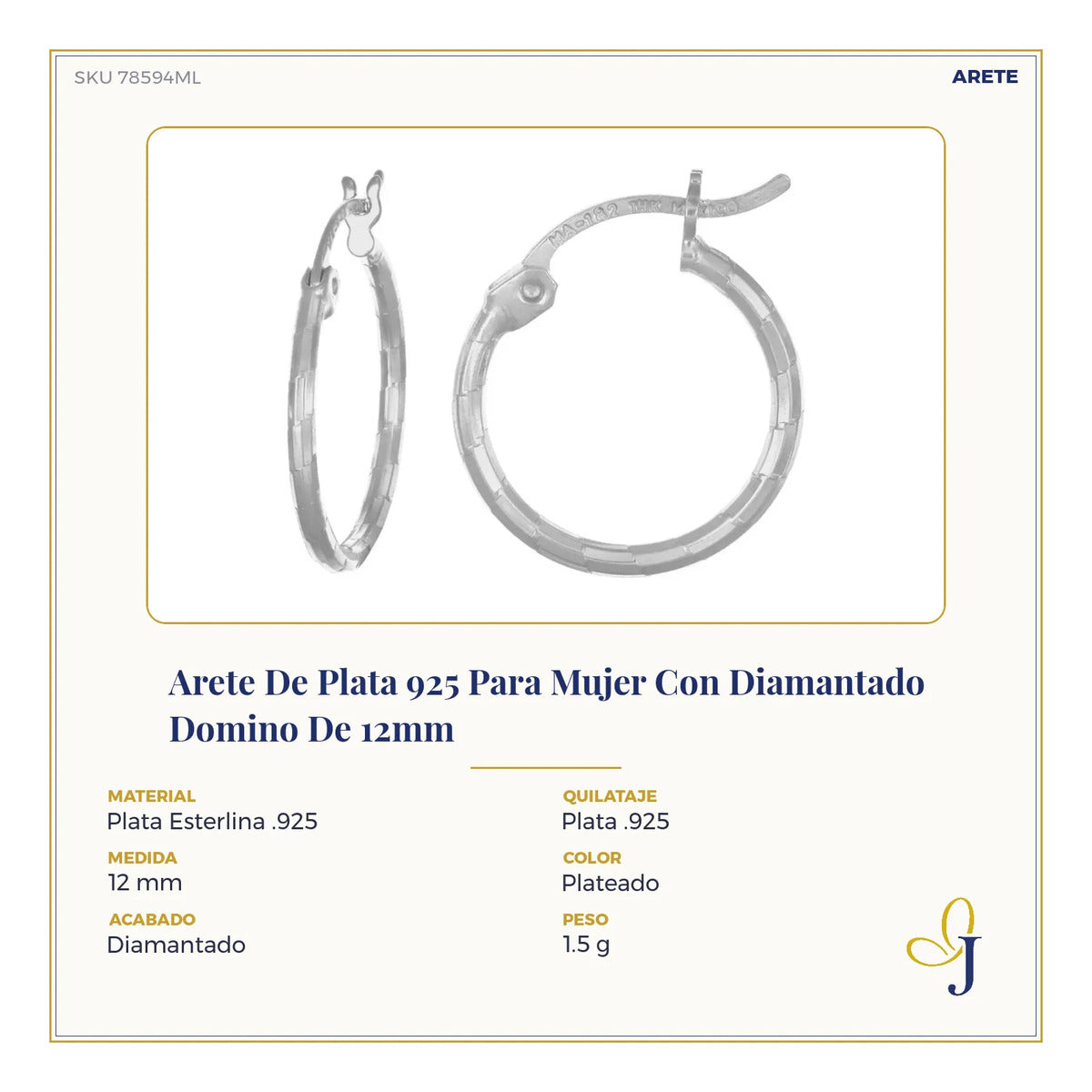 Arete De Plata 925 Para Mujer Con Diamantado Domino De 12mm