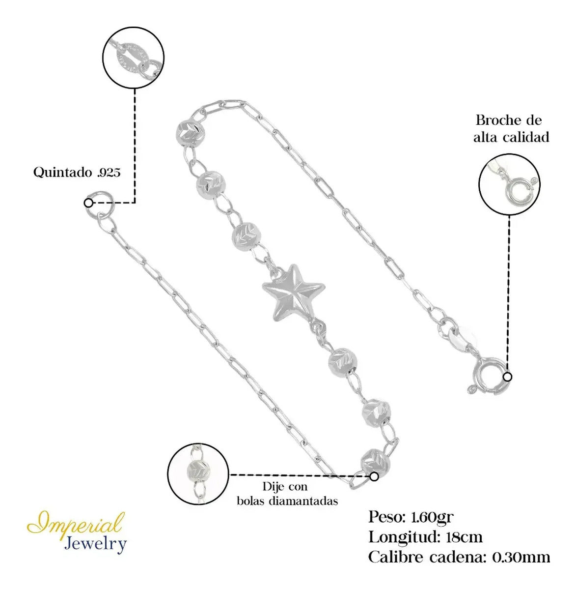 Pulsera De Plata 925 Con Estrella Y Bola Diamantada 18 Cm