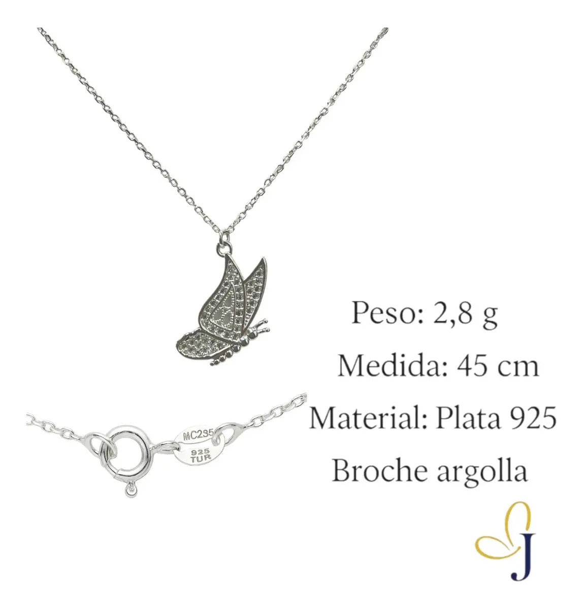 Collar De Mariposa Para Mujer De Plata 925, Medida 45 Cm Plateado