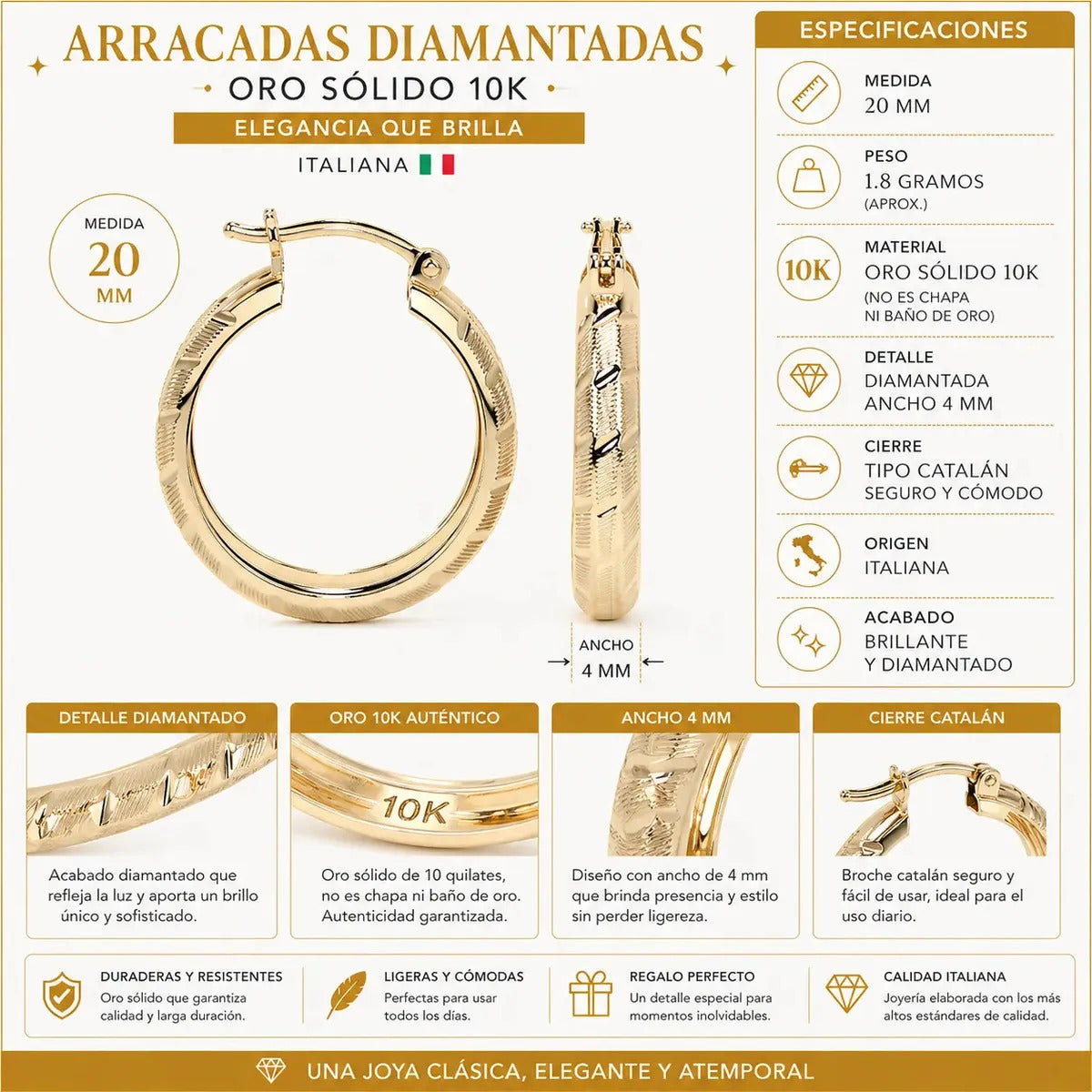 Arracada Bangle De Oro 10k Diamantado Diagonal De 20x4mm