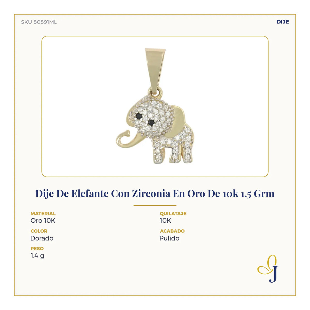 Dije De Elefante Con Zirconia En Oro De 10k 1.5 Grm