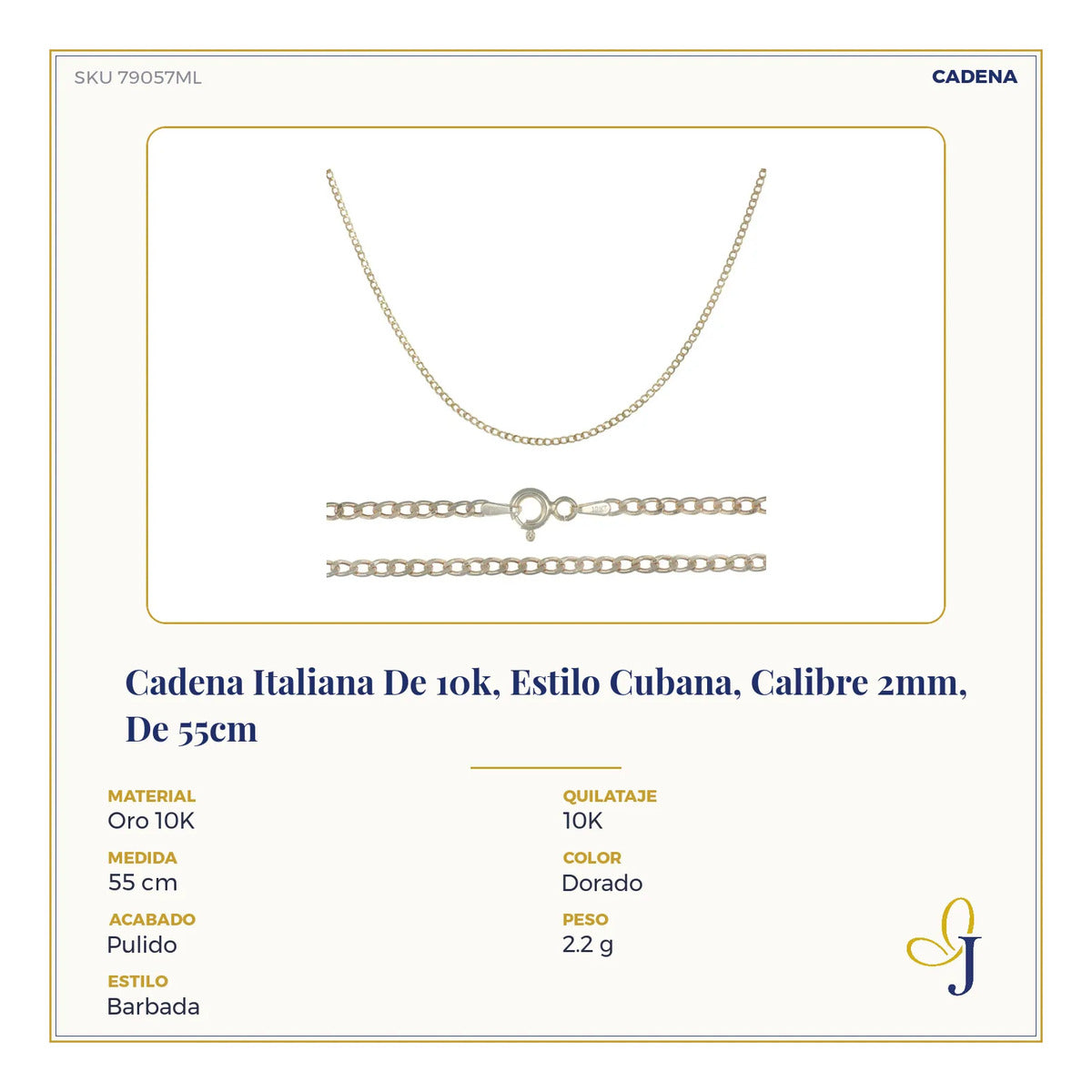 Cadena Italiana De 10k, Estilo Cubana, Calibre 2mm, De 55cm