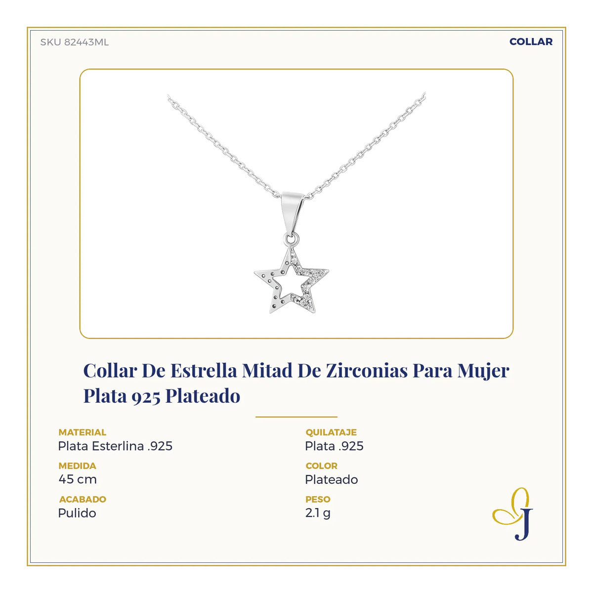 Collar De Estrella Mitad De Zirconias Para Mujer  Plata 925