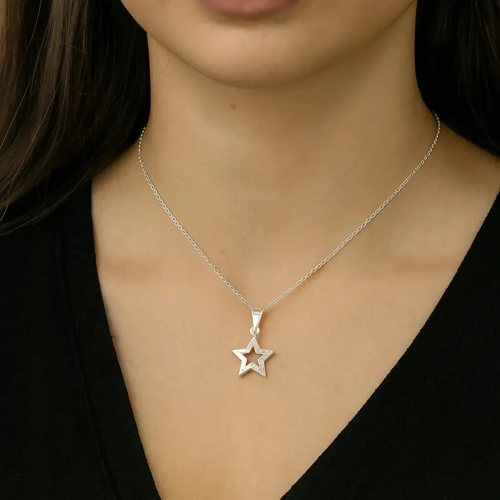 Collar De Estrella Mitad De Zirconias Para Mujer  Plata 925