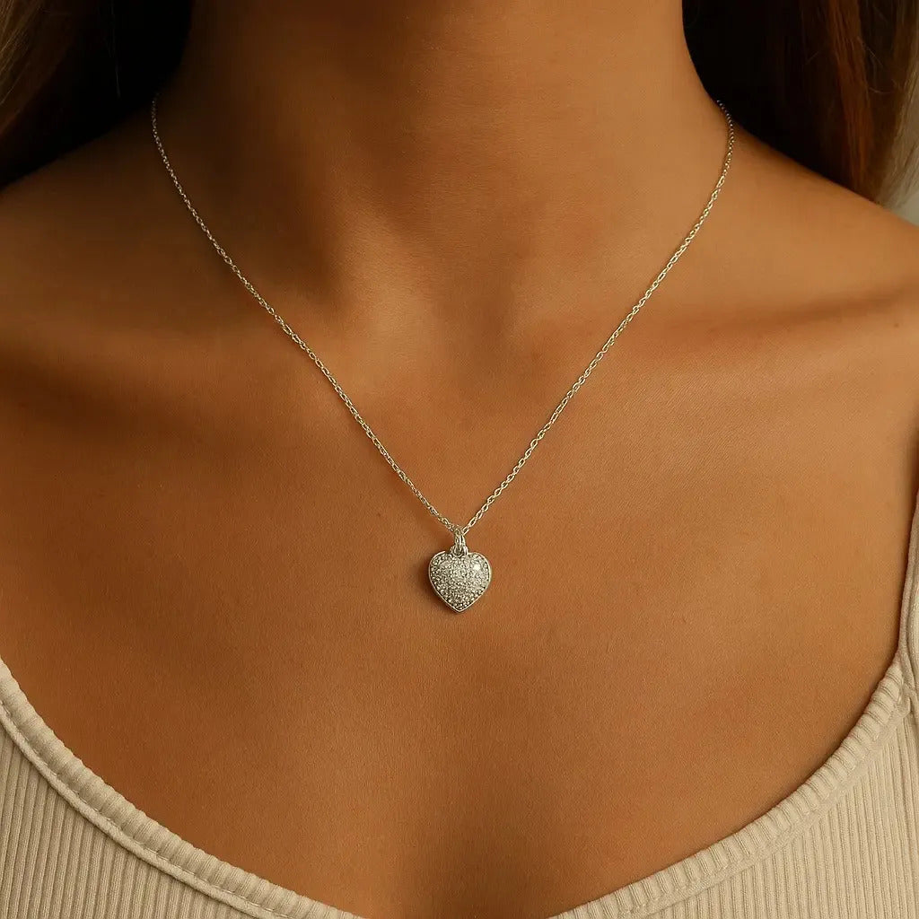 Collar De Corazón Chico Con Zirconias Para Mujer  Plata 925
