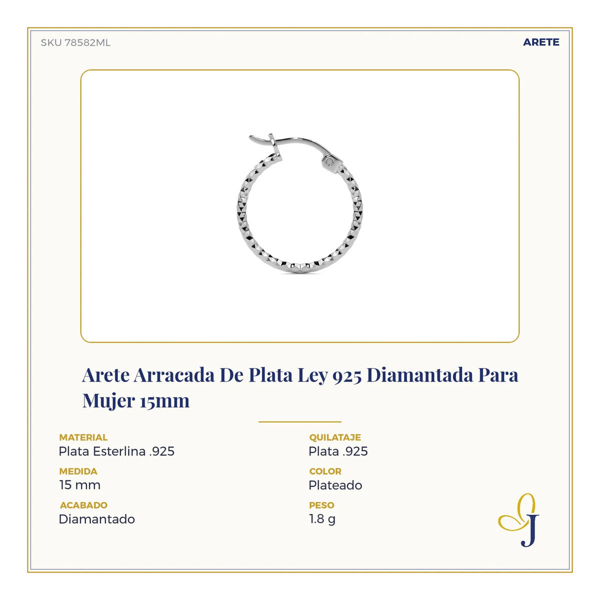 Arete Arracada De Plata Ley 925 Diamantada Para Mujer 15mm
