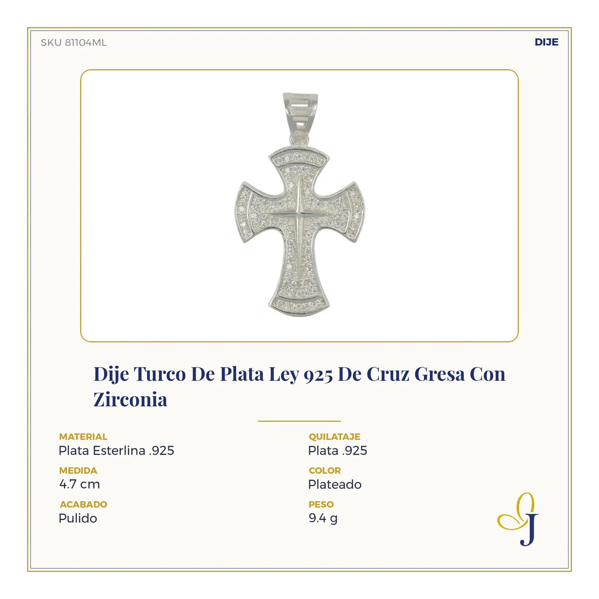 Dije Turco De Plata Ley 925 De Cruz Gresa Con Zirconia
