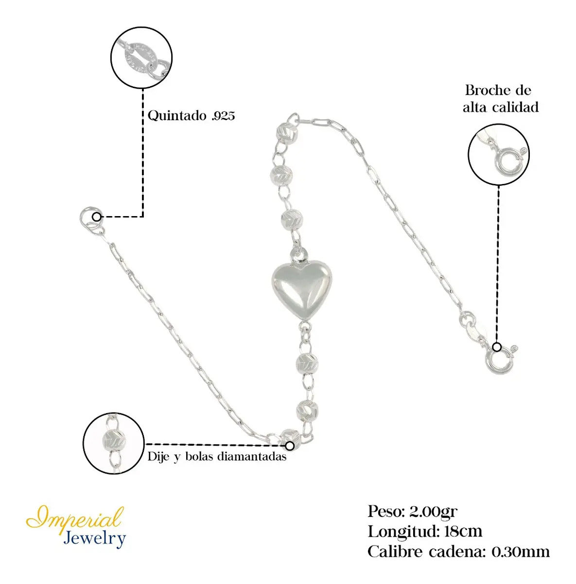 Pulsera De Plata 925 Con Corazon Y Bola Diamantada 18 Cm Color Plateado Diámetro 6 Cm Largo 18.5 Cm