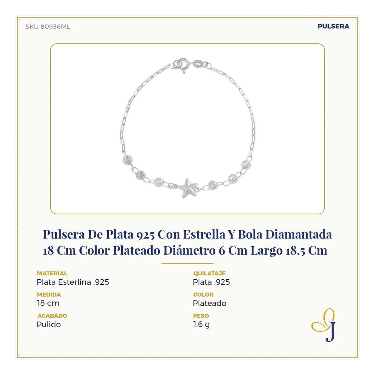 Pulsera De Plata 925 Con Estrella Y Bola Diamantada 18 Cm