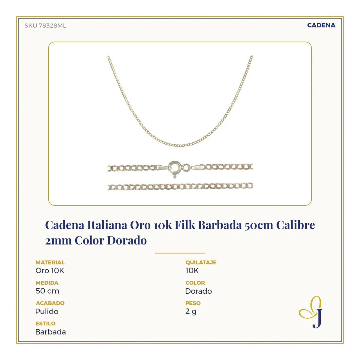 Cadena Italiana De 10k, Estilo Cubana, Calibre 2mm, De 50cm