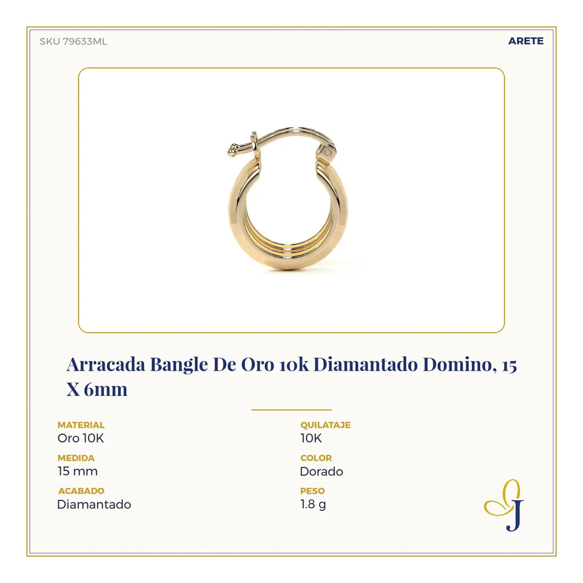 Arracada Bangle De Oro 10k Diamantado Domino, 15 X 6mm