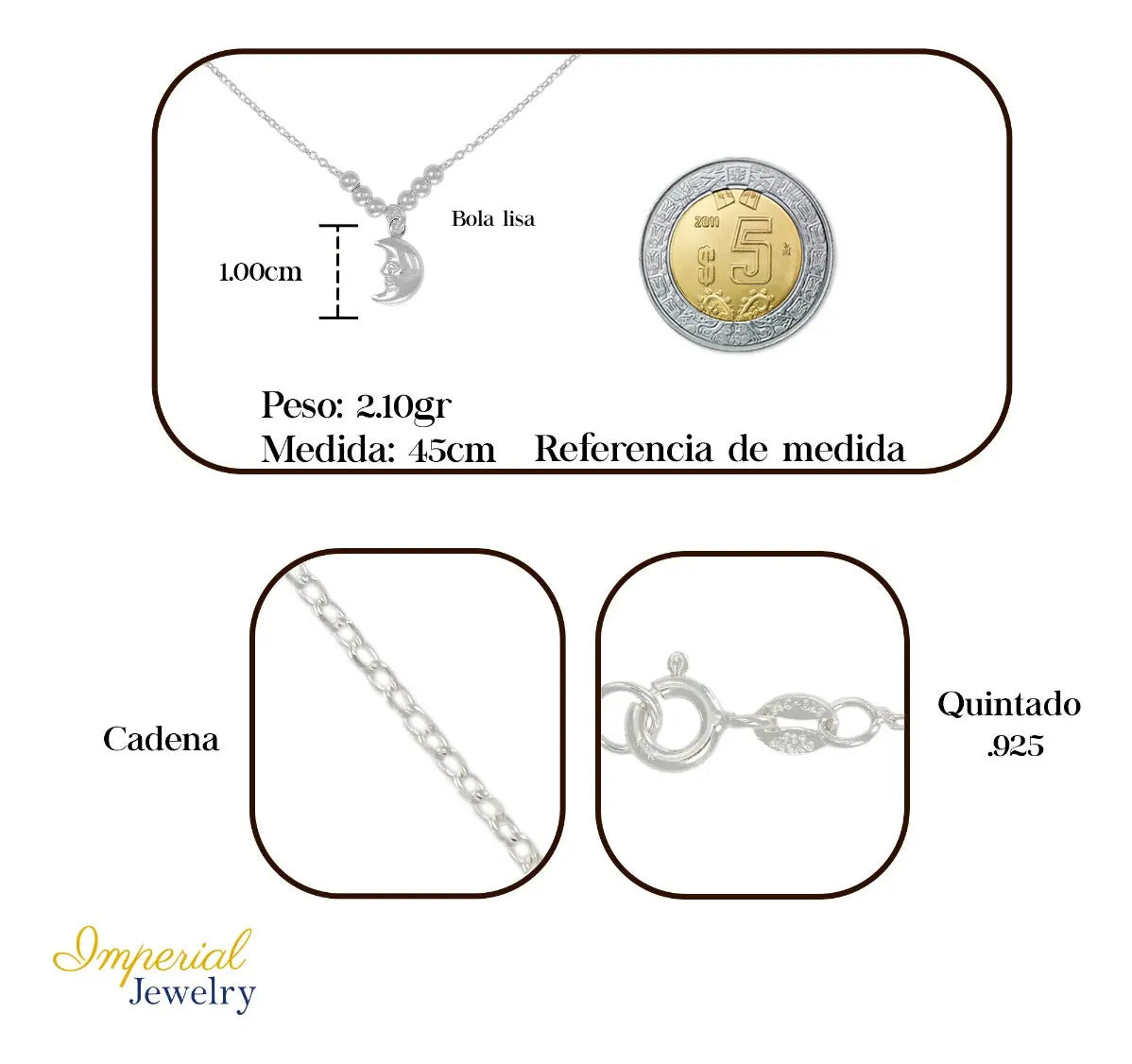 Collar De Luna De Plata 925 Con Bola Diamantada De 45 Cm Plateado