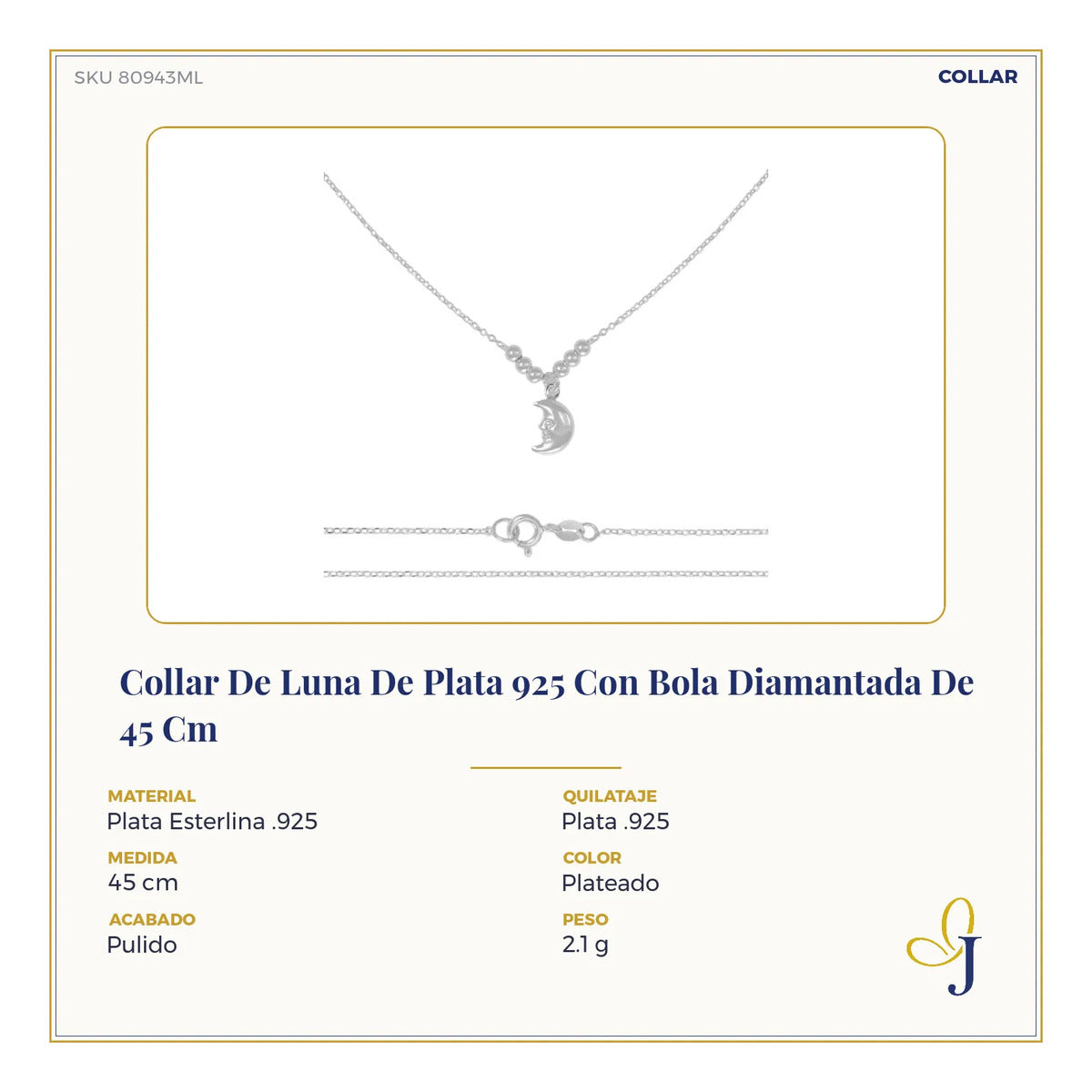 Collar De Luna De Plata 925 Con Bola Diamantada De 45 Cm Plateado