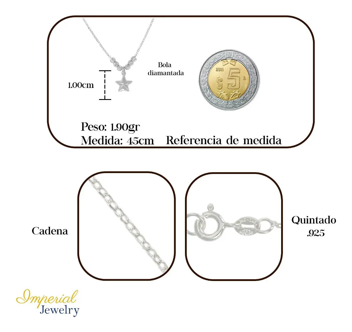 Collar De Estrella De Plata 925 Con Bola Diamantada De 45 Cm Plateado