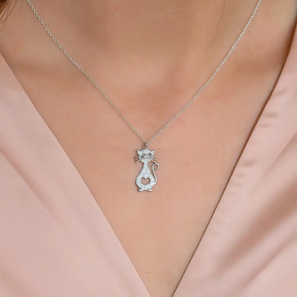 Collar De Gatito Con Corazón, Para Mujer De Plata 925 Plateado