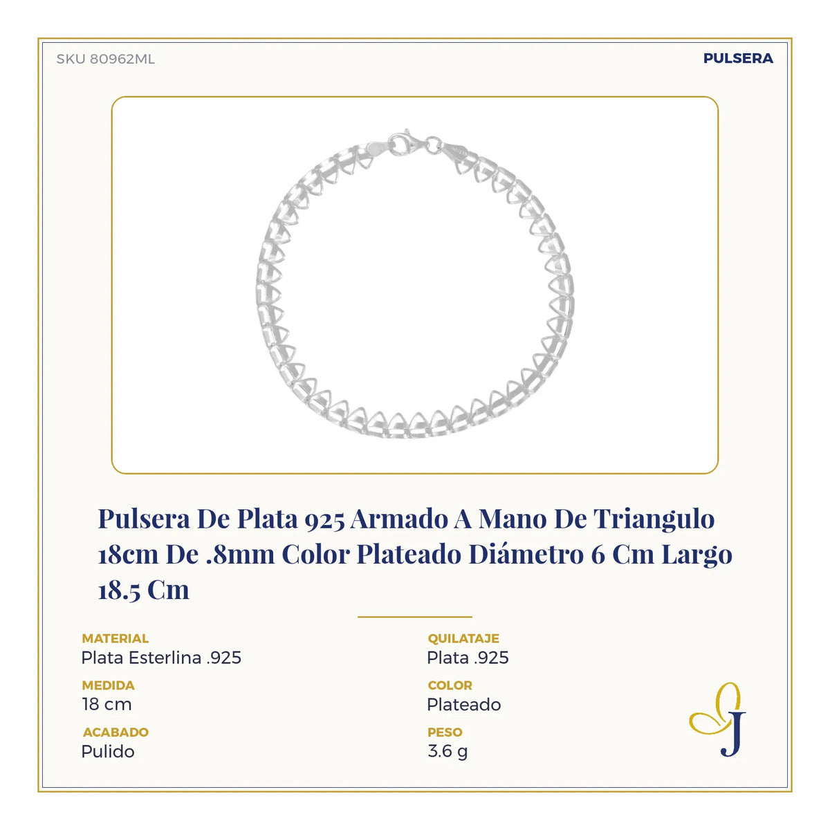 Pulsera De Plata 925 Armado A Mano De Triangulo 18cm De .8mm
