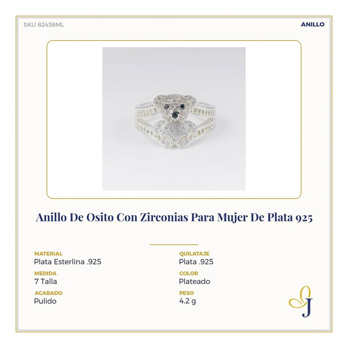 Anillo De Osito Con Zirconias Para Mujer De Plata 925
