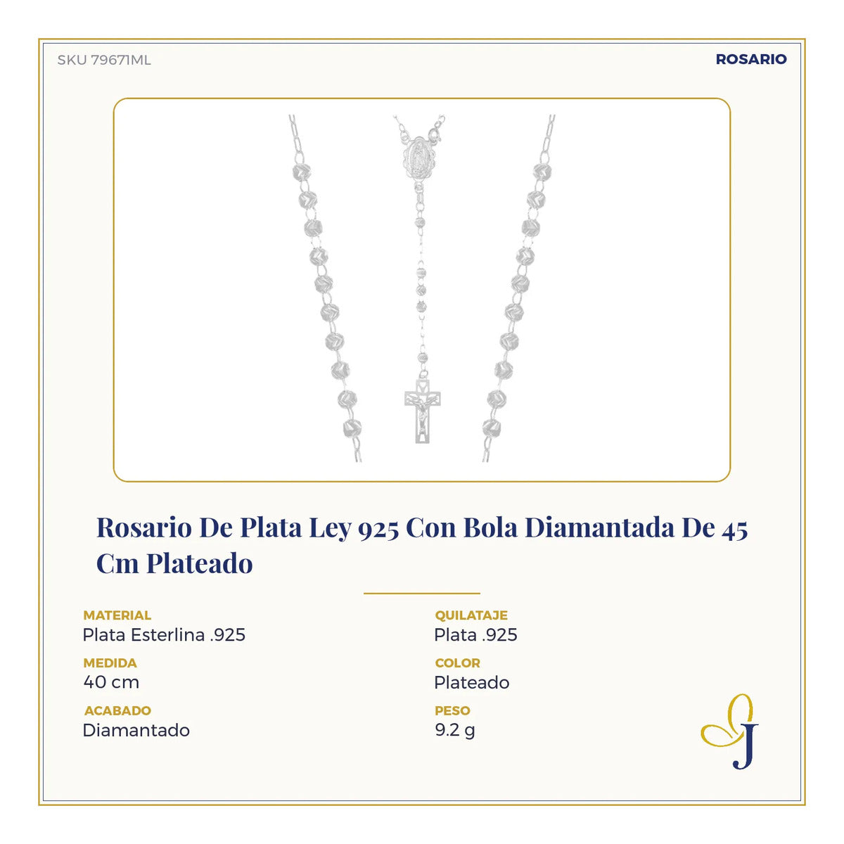 Rosario De Plata Ley 925 Con Bola Diamantada De 45 Cm