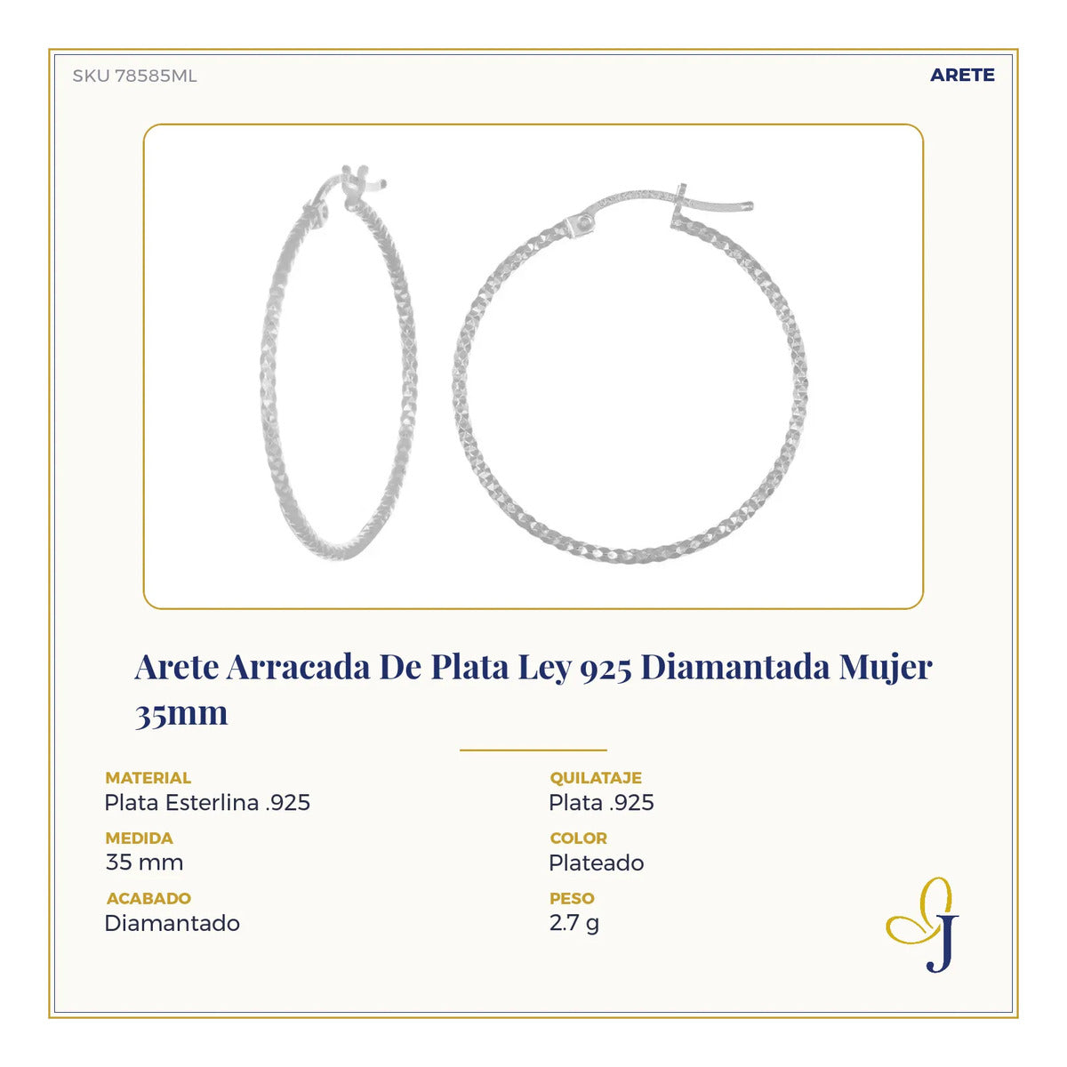 Arete Arracada De Plata Ley 925 Diamantada Mujer 35mm