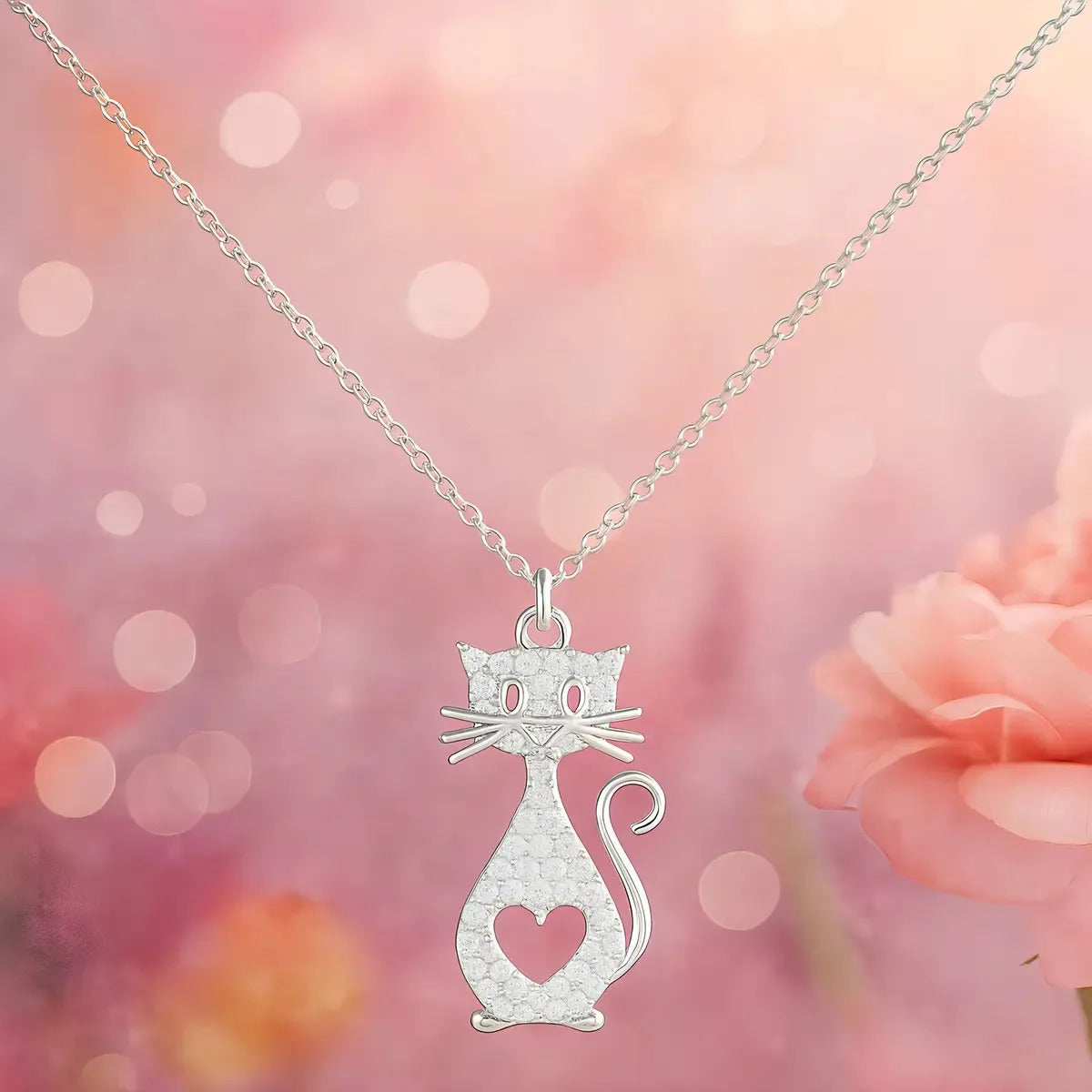 Collar De Gatito Con Corazón, Para Mujer De Plata 925 Plateado